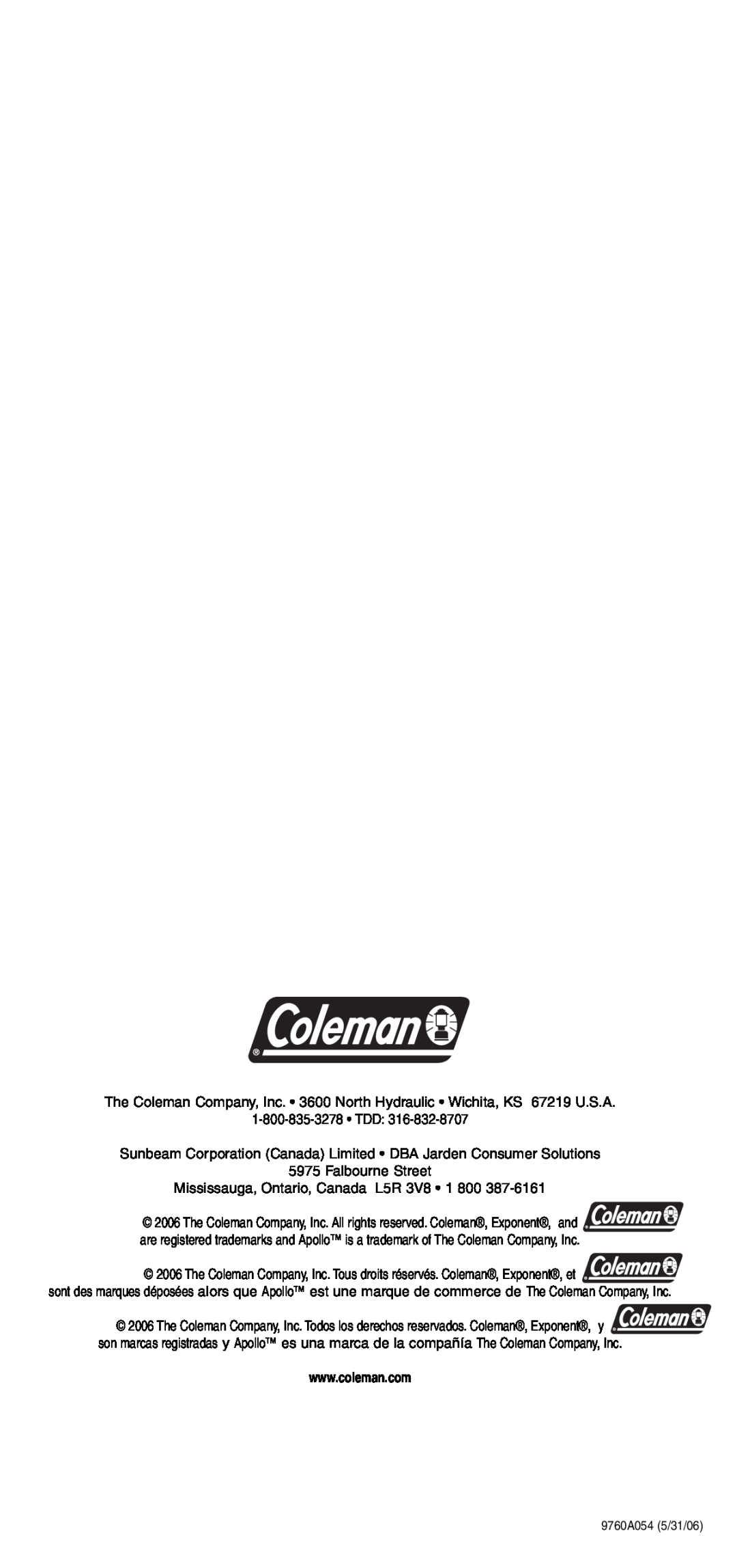 Coleman 9760 manual Sunbeam Corporation Canada Limited DBA Jarden Consumer Solutions 