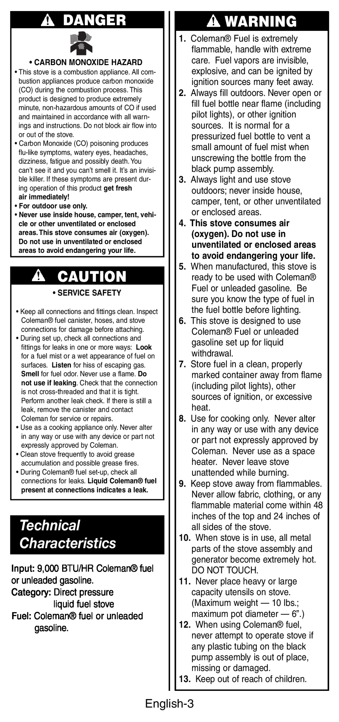 Coleman 9760 manual English-3, Danger, Technical Characteristics, Carbon Monoxide Hazard, Service Safety 