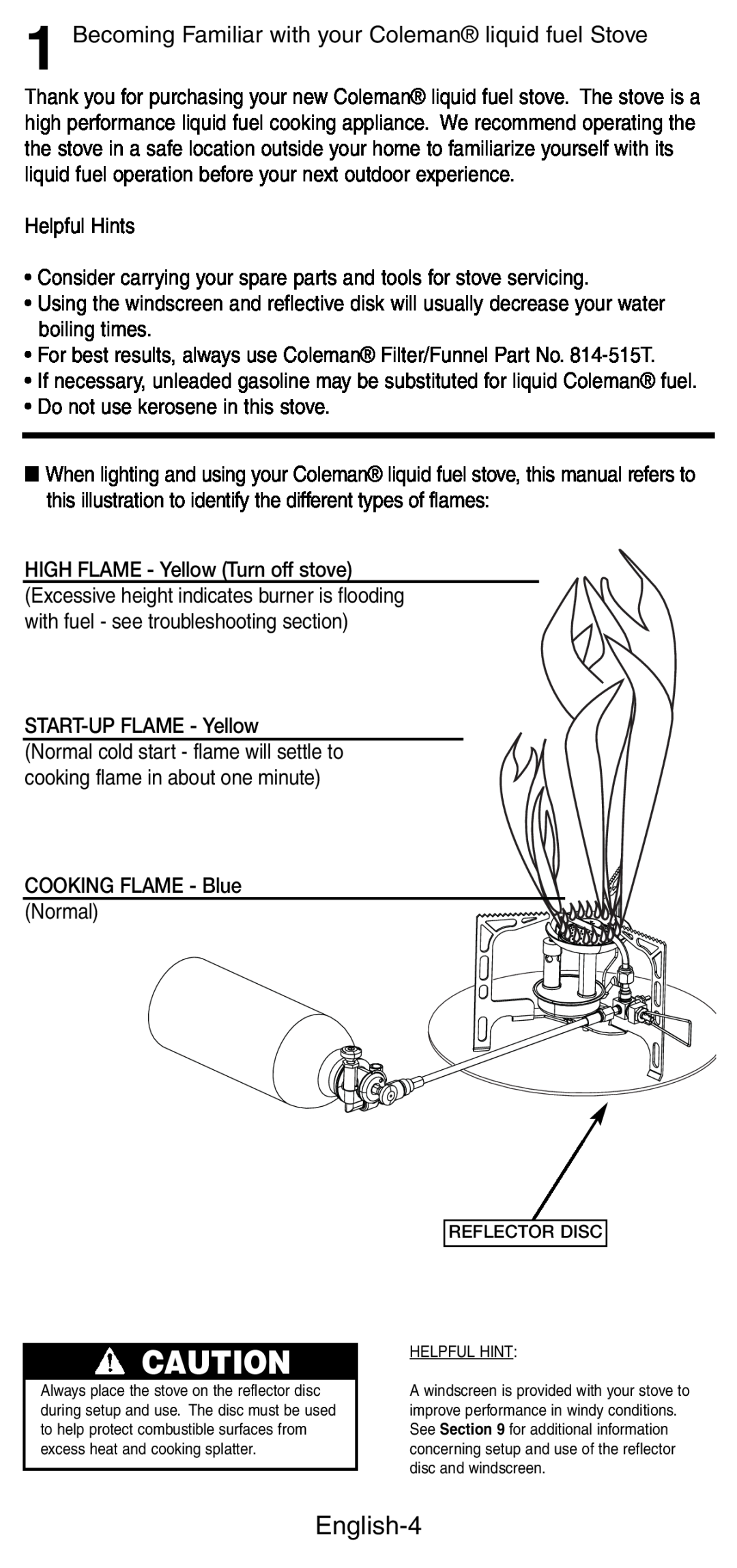 Coleman 9760 manual English-4, Becoming Familiar with your Coleman liquid fuel Stove, HIGH FLAME - Yellow Turn off stove 