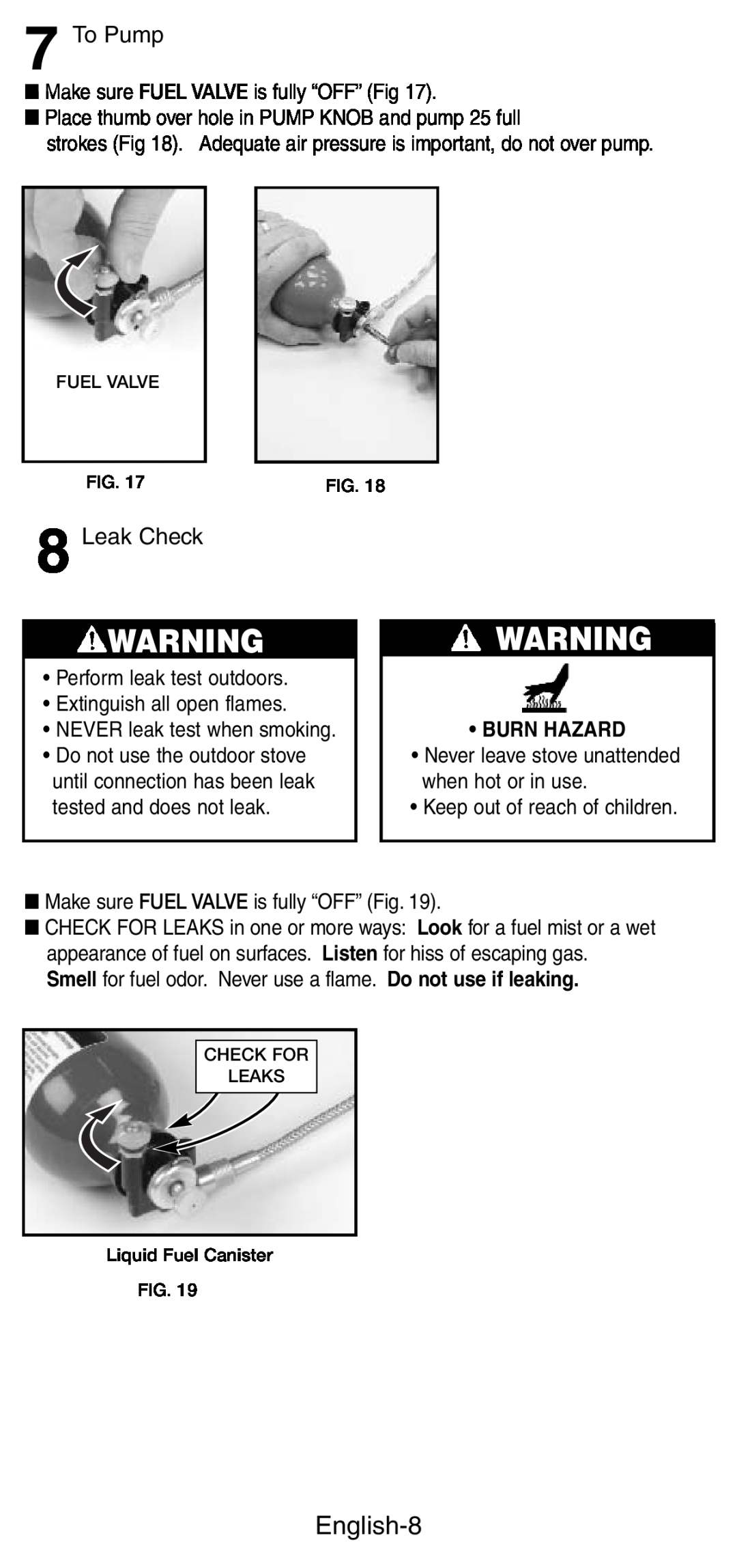 Coleman 9760 manual English-8, To Pump, Leak Check, Burn Hazard 