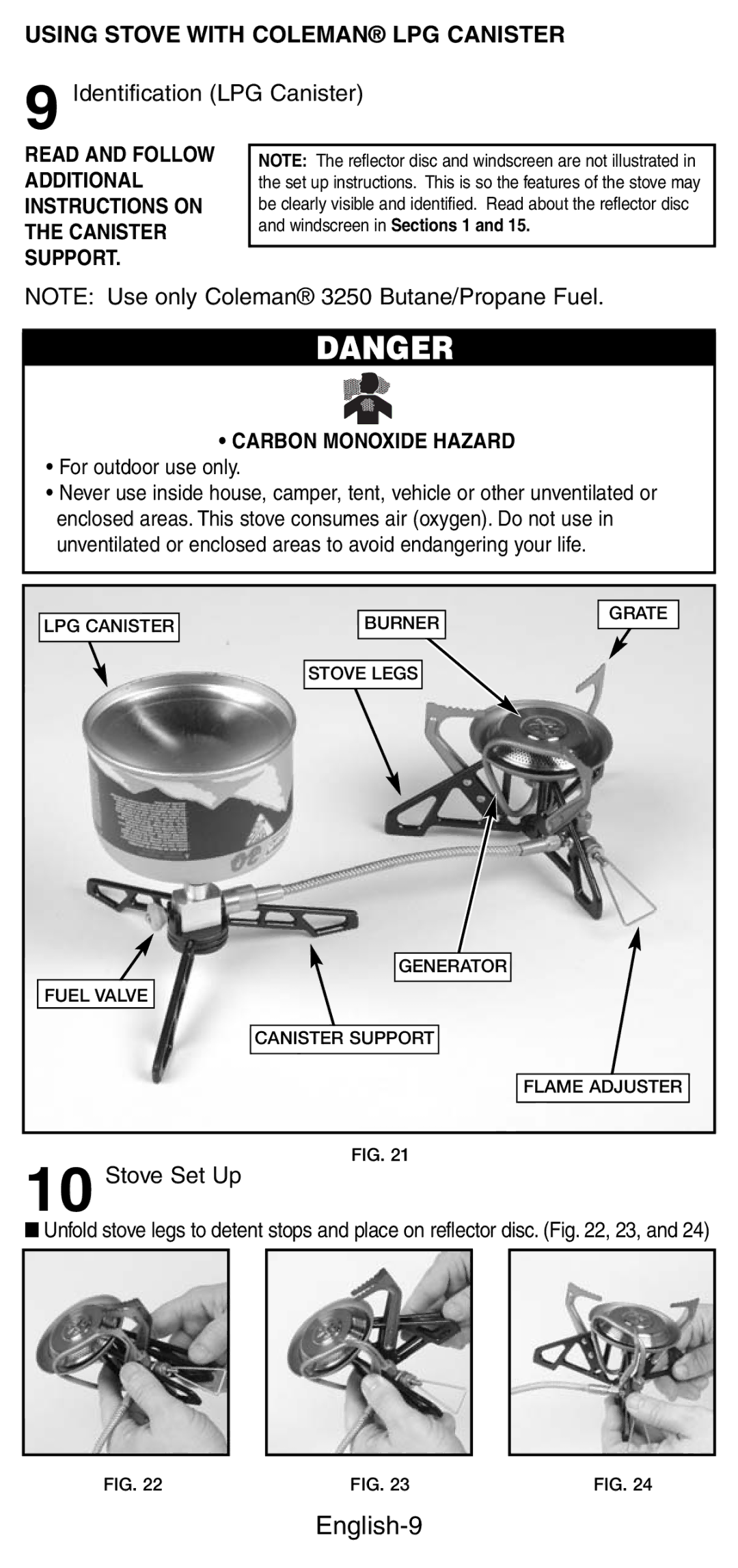 Coleman 9775, 9770 manual English-9, Identification LPG Canister, For outdoor use only 