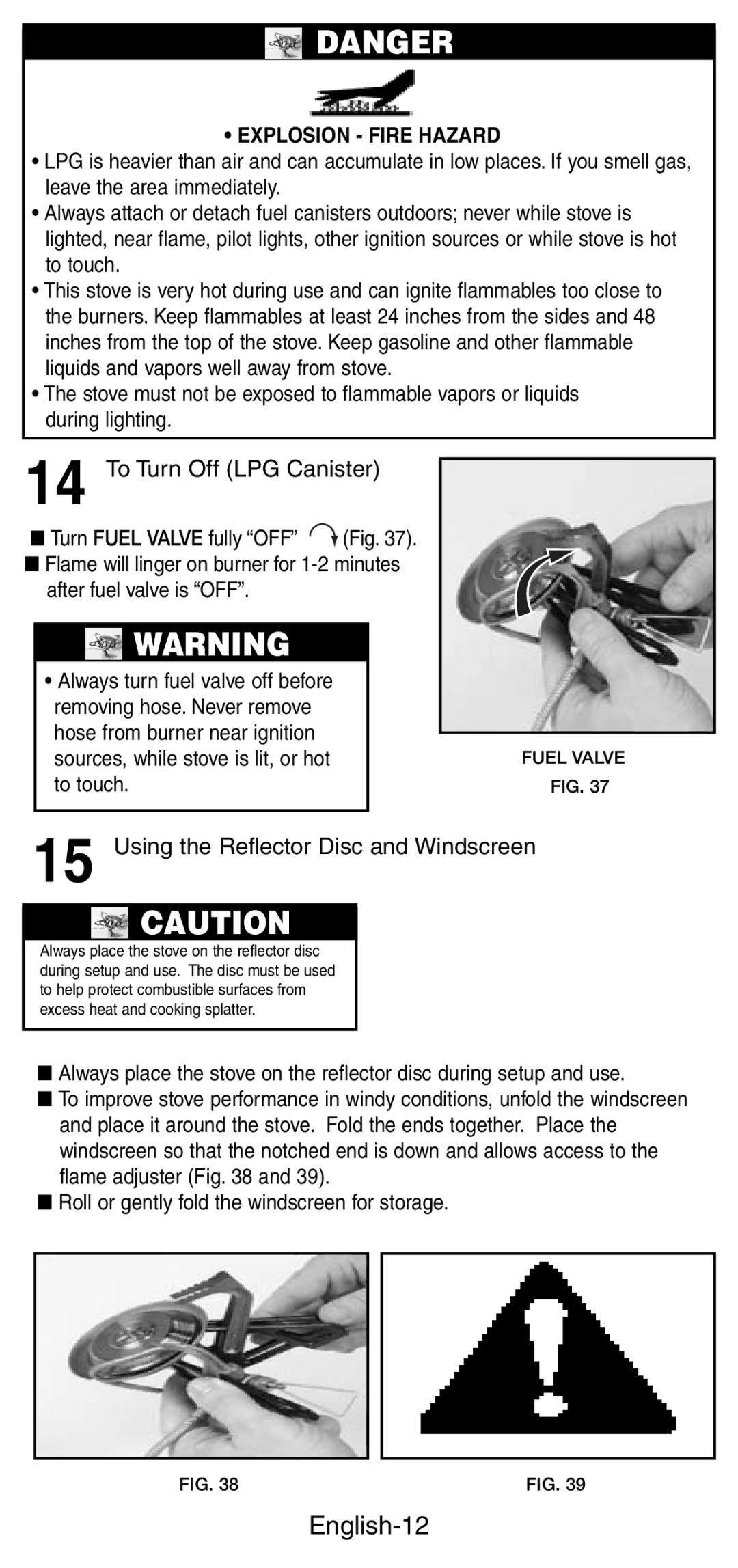 Coleman 9770, 9775 English-12, To Turn Off LPG Canister, Using the Reflector Disc and Windscreen, Explosion Fire Hazard 