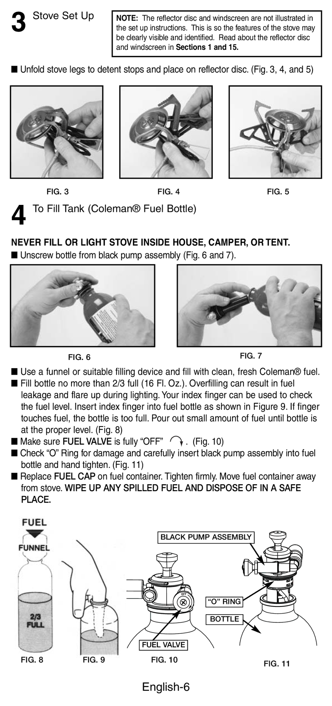 Coleman 9770, 9775 manual English-6, Stove Set Up, To Fill Tank Coleman Fuel Bottle, Unscrew bottle from black pump assembly 