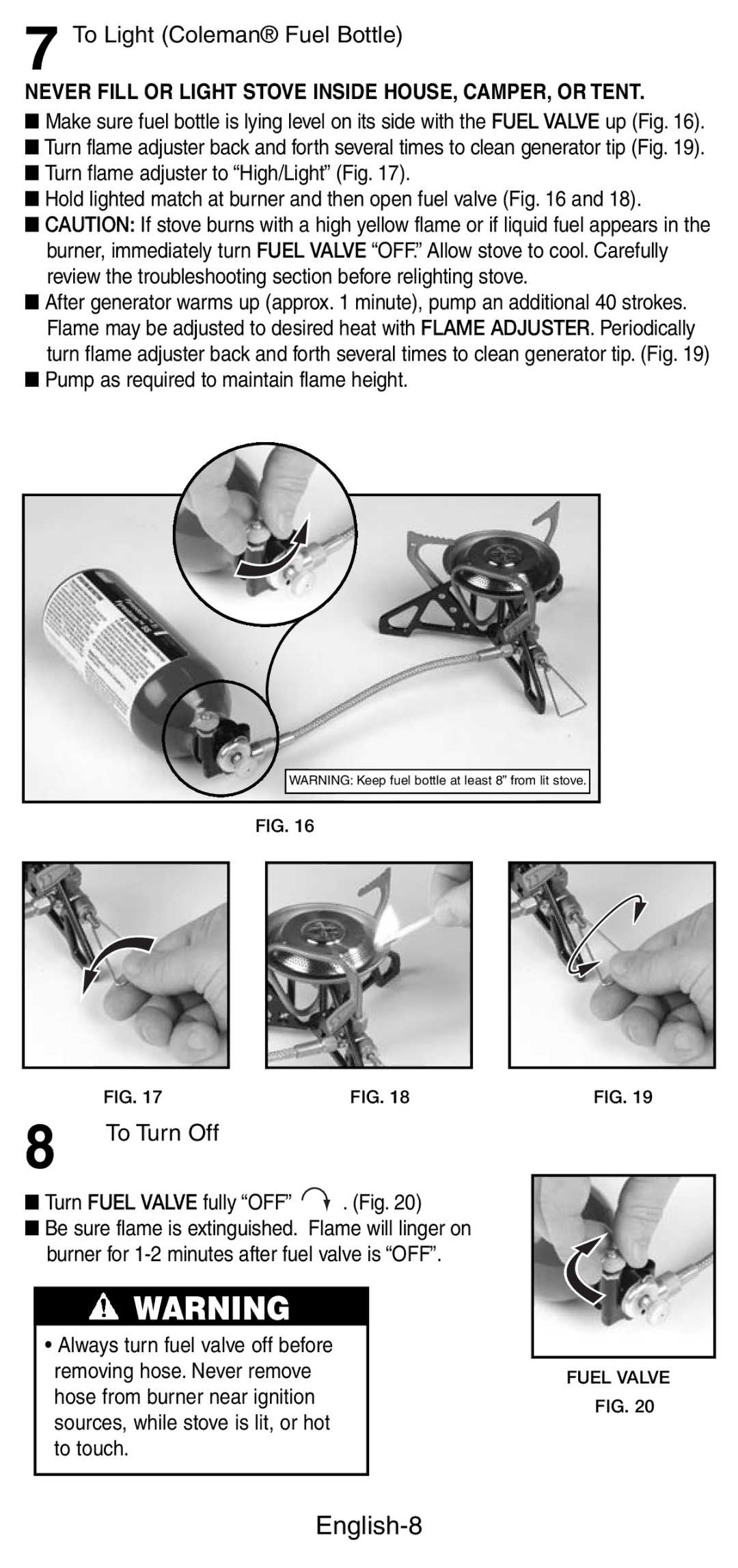 Coleman 9770, 9775 manual English-8, To Light Coleman Fuel Bottle, To Turn Off, Pump as required to maintain flame height 