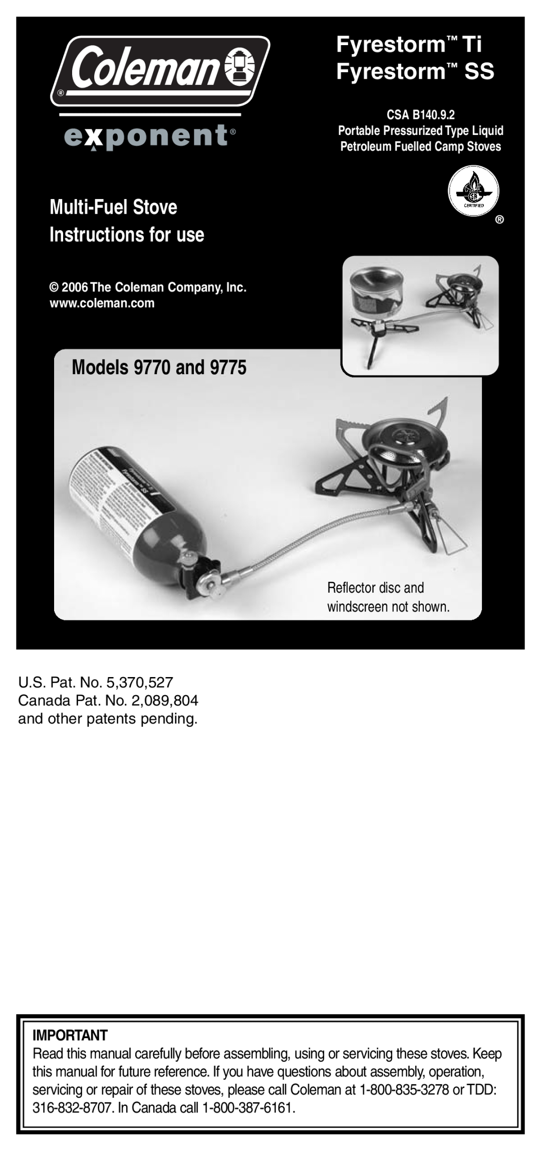 Coleman 9775 manual Fyrestorm Ti Fyrestorm SS, Multi-FuelStove, Instructions for use, Models 9770 and 