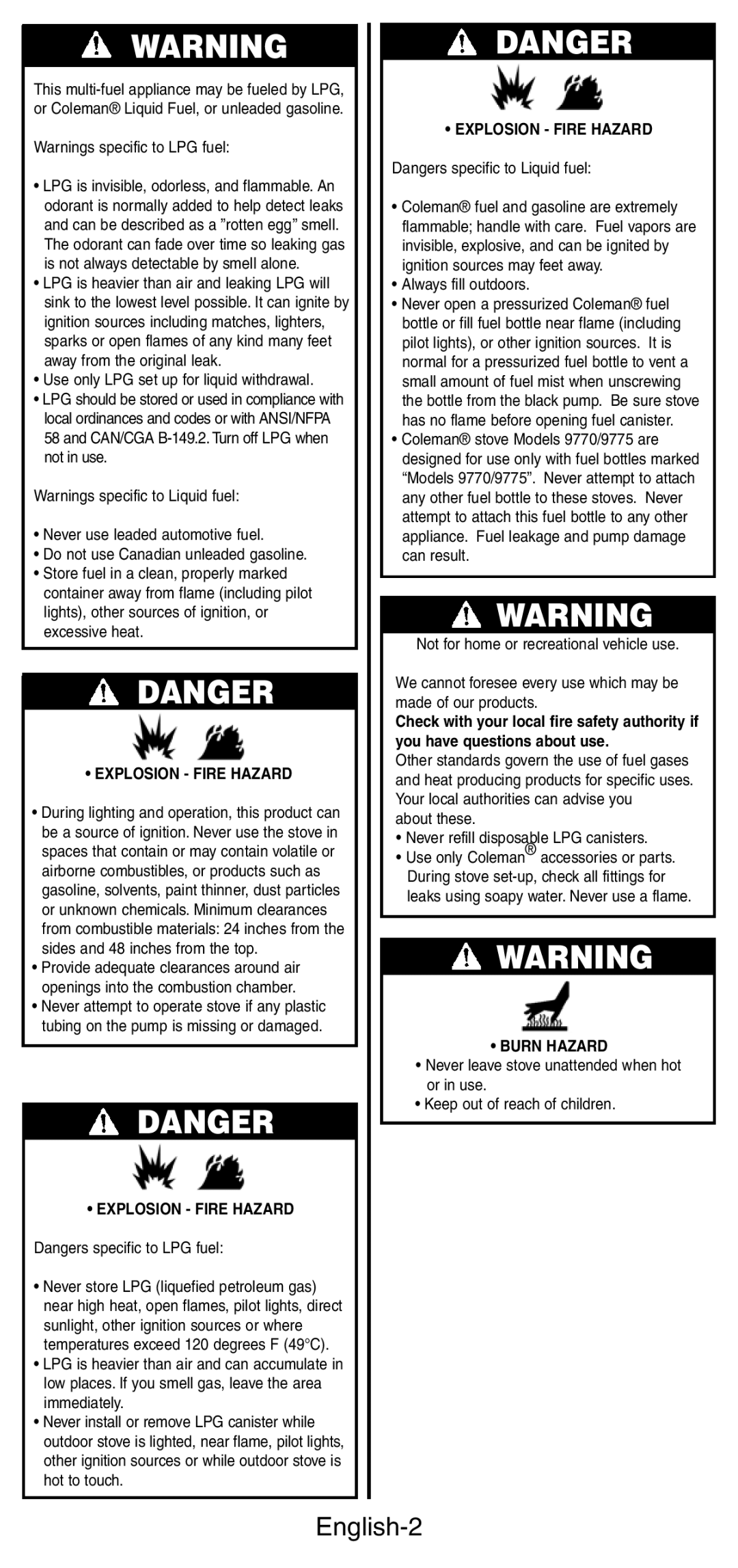 Coleman 9770, 9775 manual English-2, Danger, Explosion - Fire Hazard, Burn Hazard 