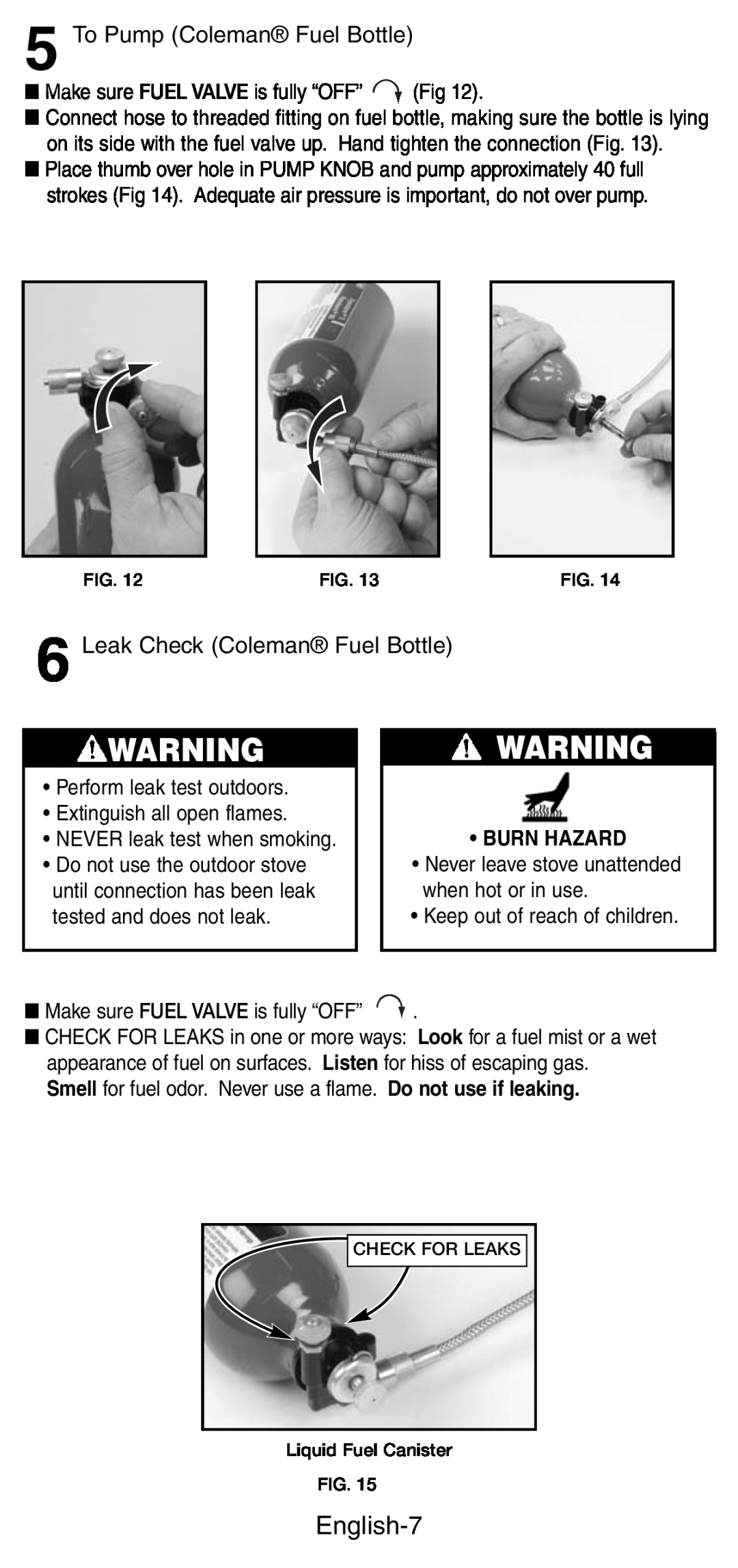 Coleman 9775, 9770 manual English-7, To Pump Coleman Fuel Bottle, Leak Check Coleman Fuel Bottle, Burn Hazard 