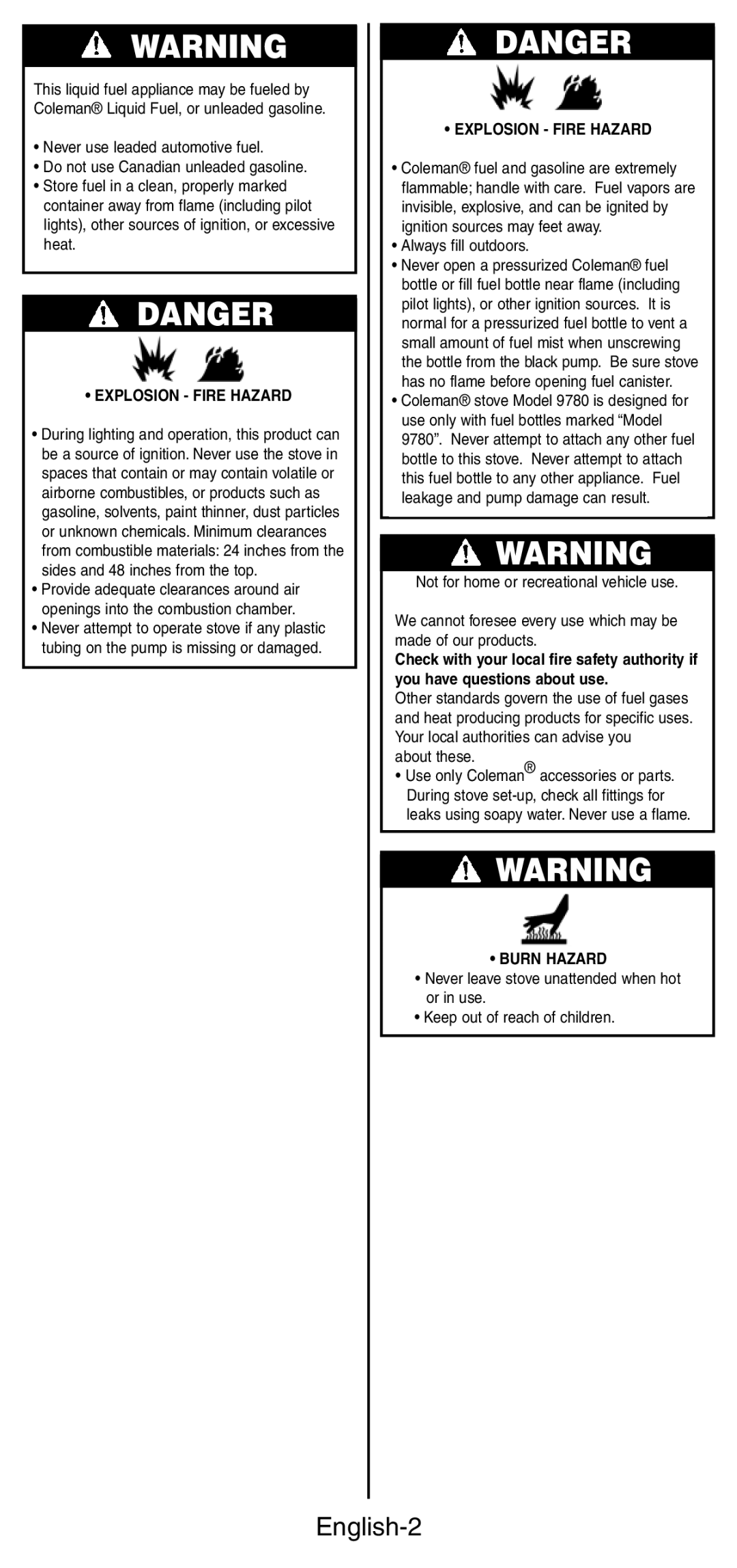 Coleman 9780 manual English-2, Explosion Fire Hazard 