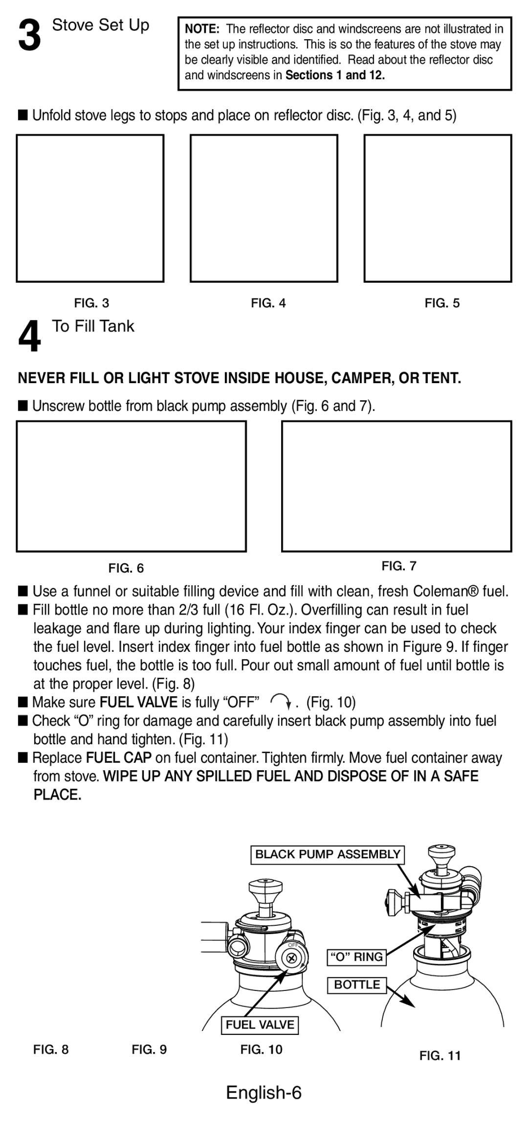 Coleman 9780 manual English-6, Stove Set Up, To Fill Tank, Never Fill or Light Stove Inside HOUSE, CAMPER, or Tent 