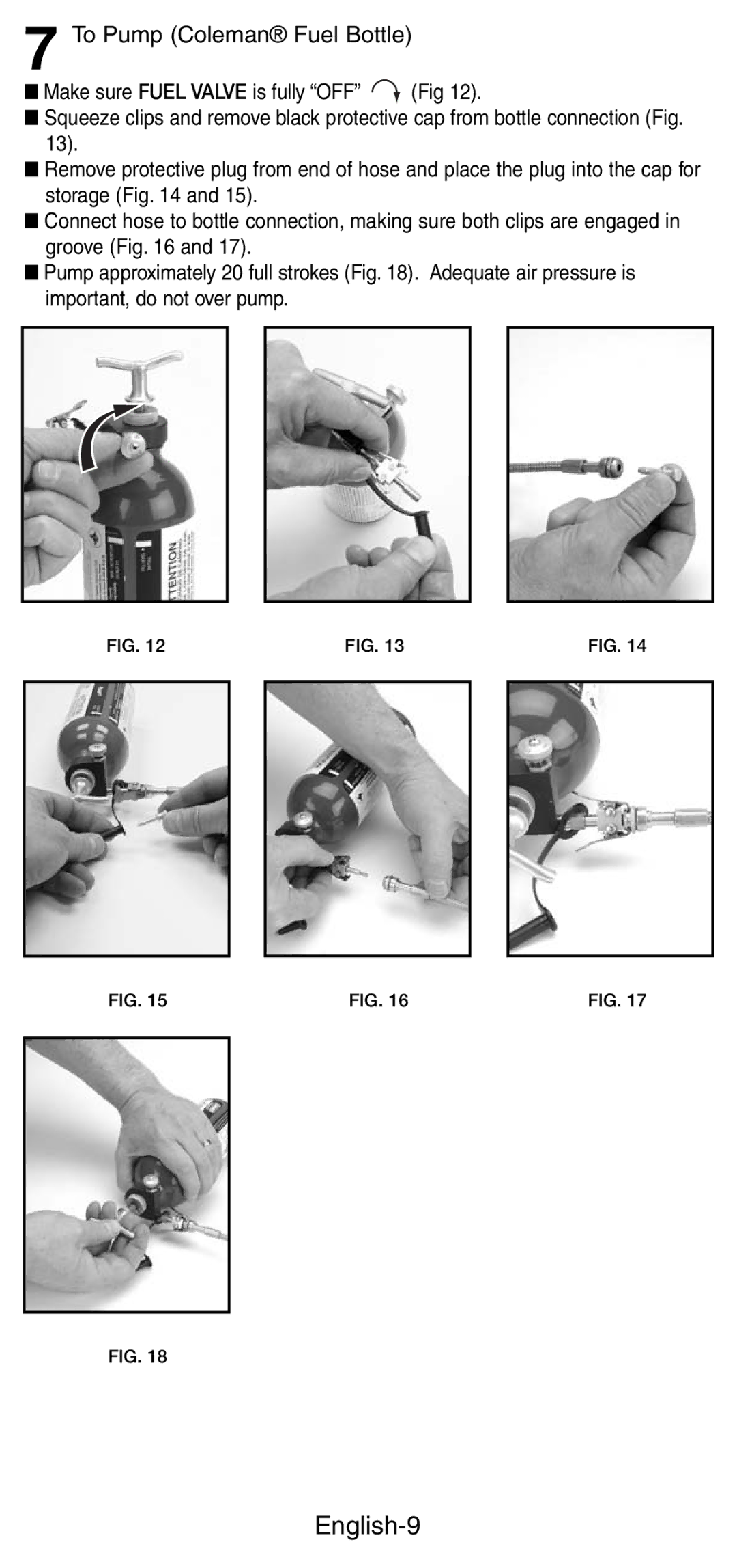 Coleman 9790 manual English-9, To Pump Coleman Fuel Bottle 