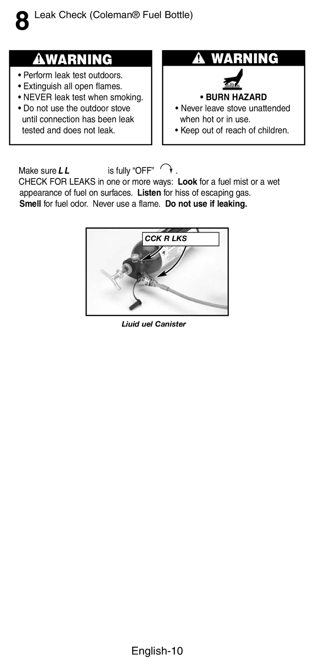 Coleman 9790 manual English-10, Leak Check Coleman Fuel Bottle, Burn Hazard 