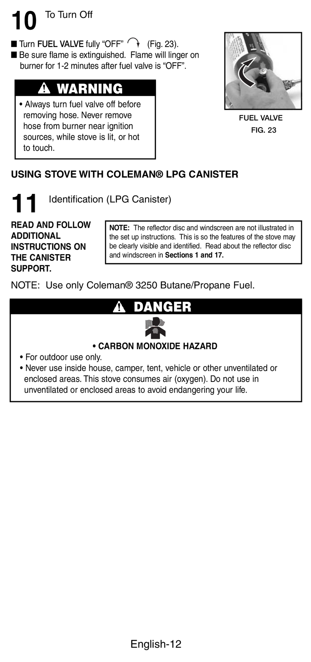 Coleman 9790 manual English-12, To Turn Off, Identification LPG Canister 