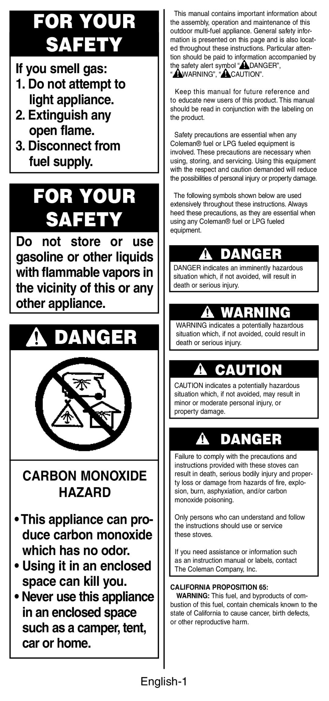 Coleman 9790 manual For Your Safety, English-1 