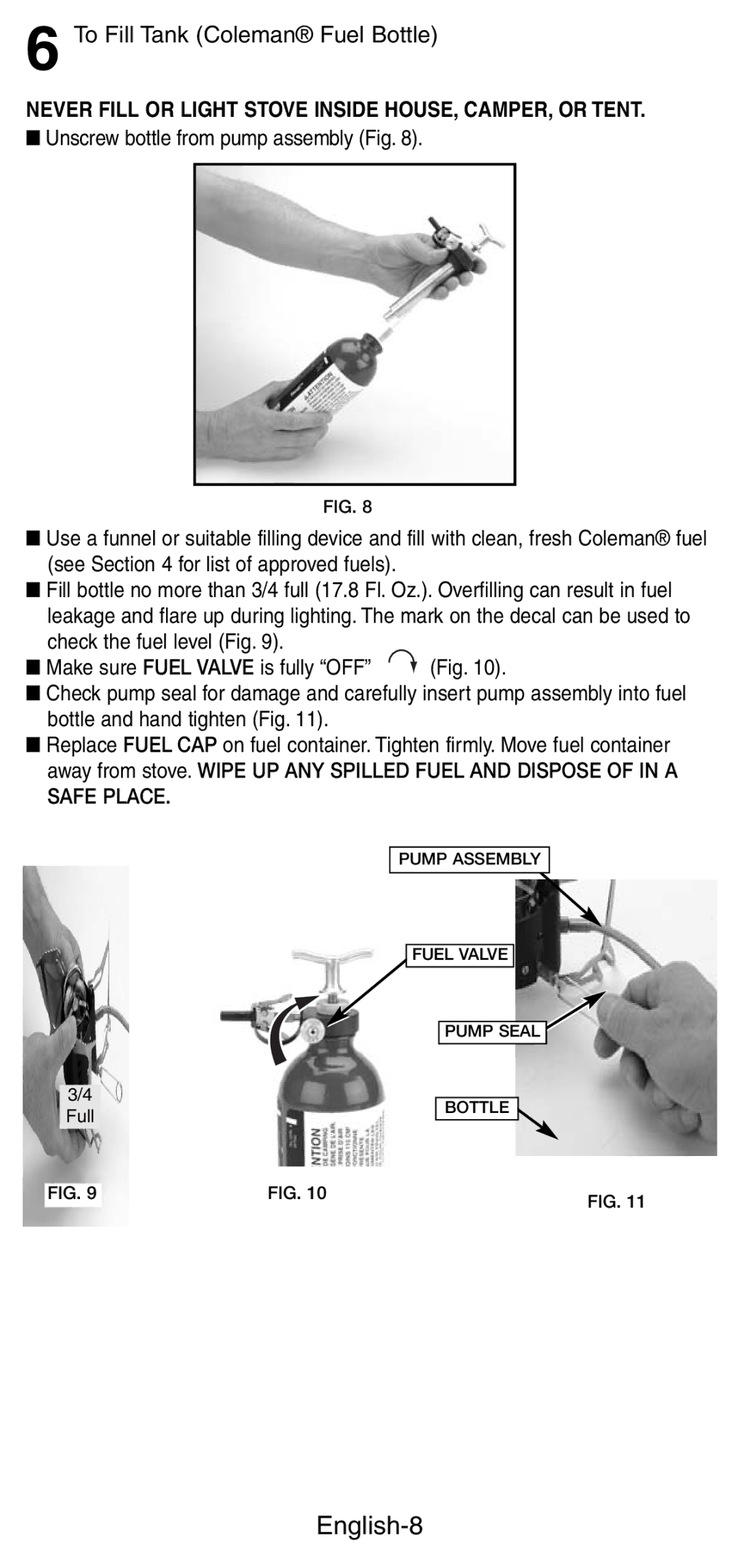 Coleman 9790 manual English-8, To Fill Tank Coleman Fuel Bottle, Never Fill or Light Stove Inside HOUSE, CAMPER, or Tent 