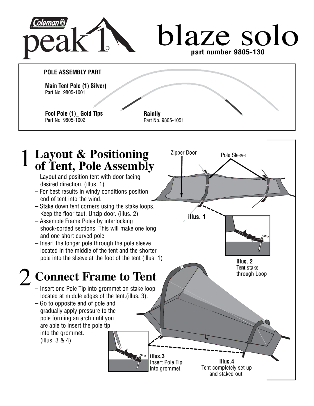 Coleman 9805-130 manual Blaze solo, Layout & Positioning, Tent, Pole Assembly, Connect Frame to Tent 