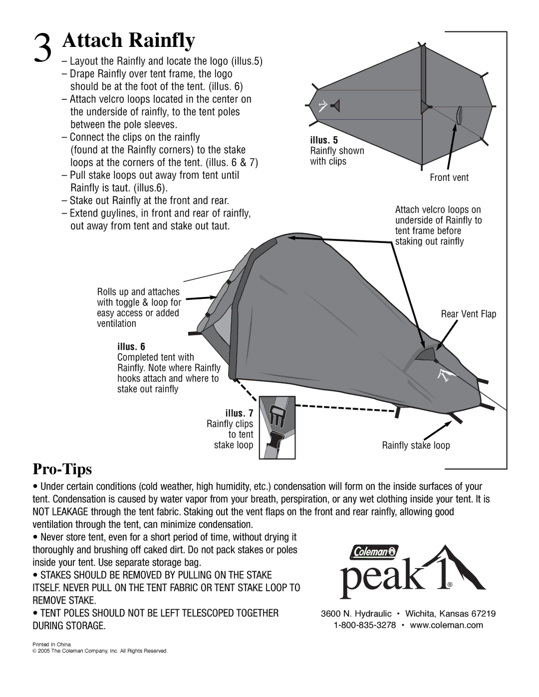 Coleman 9805-130 manual Attach Rainfly, Pro-Tips, Illus 