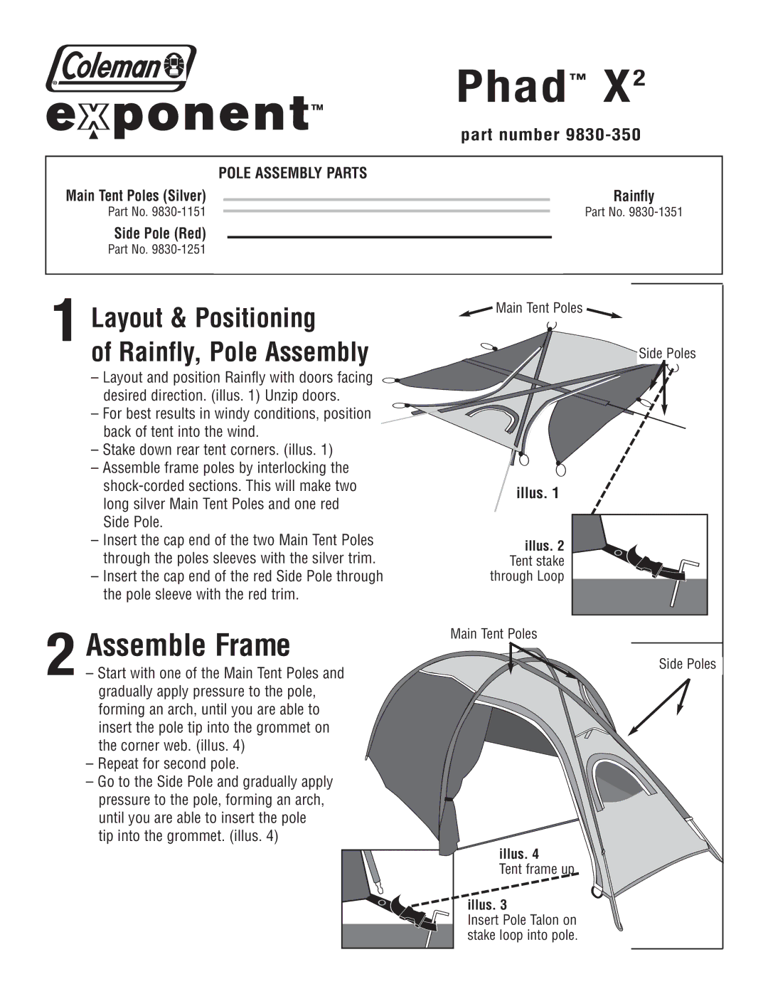 Coleman 9830-350 manual Phad X, Assemble Frame, Layout & Positioning, Rainfly, Pole Assembly 