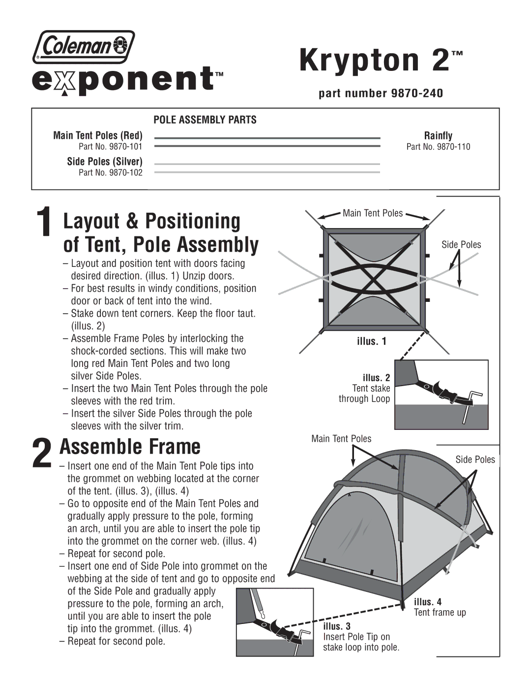 Coleman 9870-240 manual Krypton, Layout & Positioning, Tent, Pole Assembly, Assemble Frame 