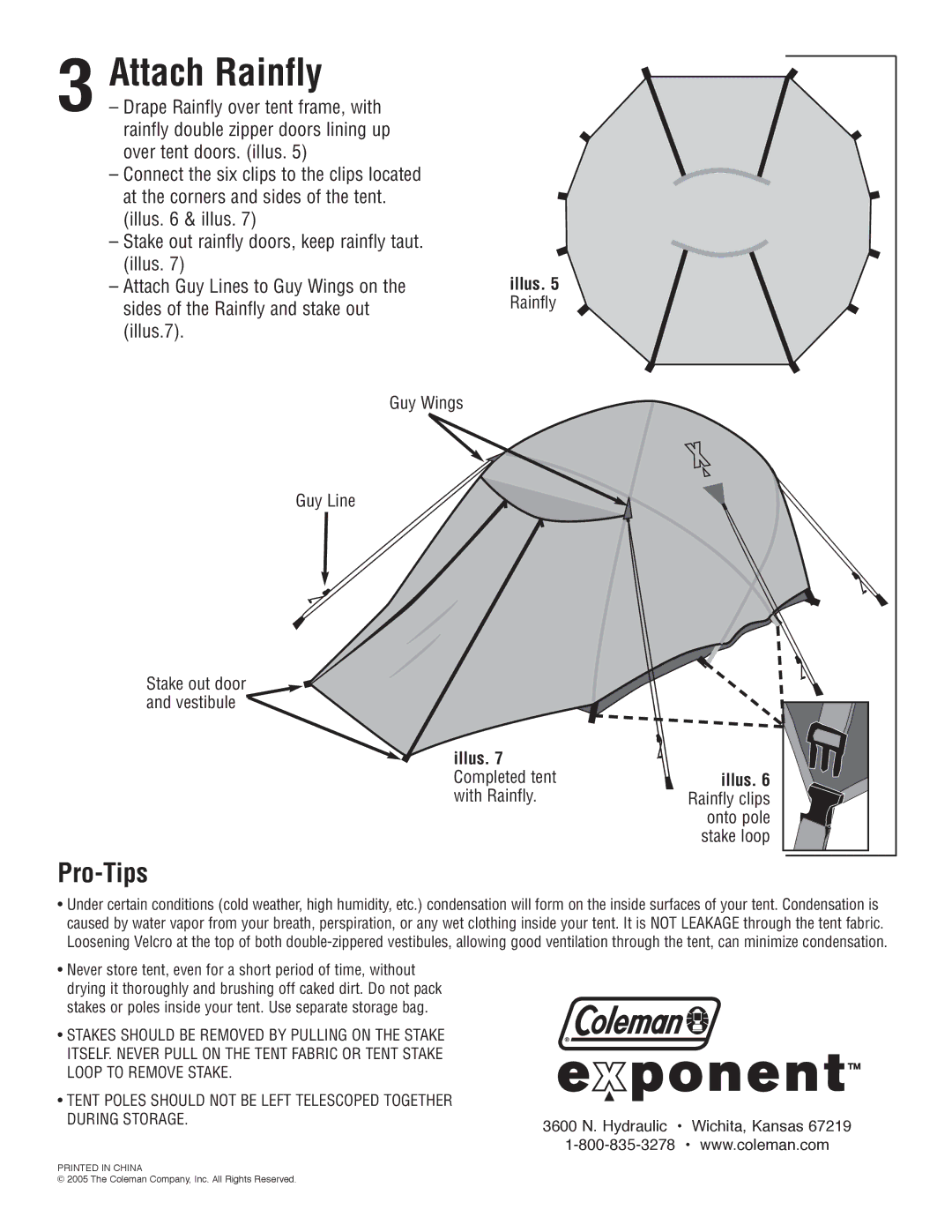 Coleman 9870-240 Attach Rainfly, Pro-Tips, Attach Guy Lines to Guy Wings on, Sides of the Rainfly and stake out, Illus.7 