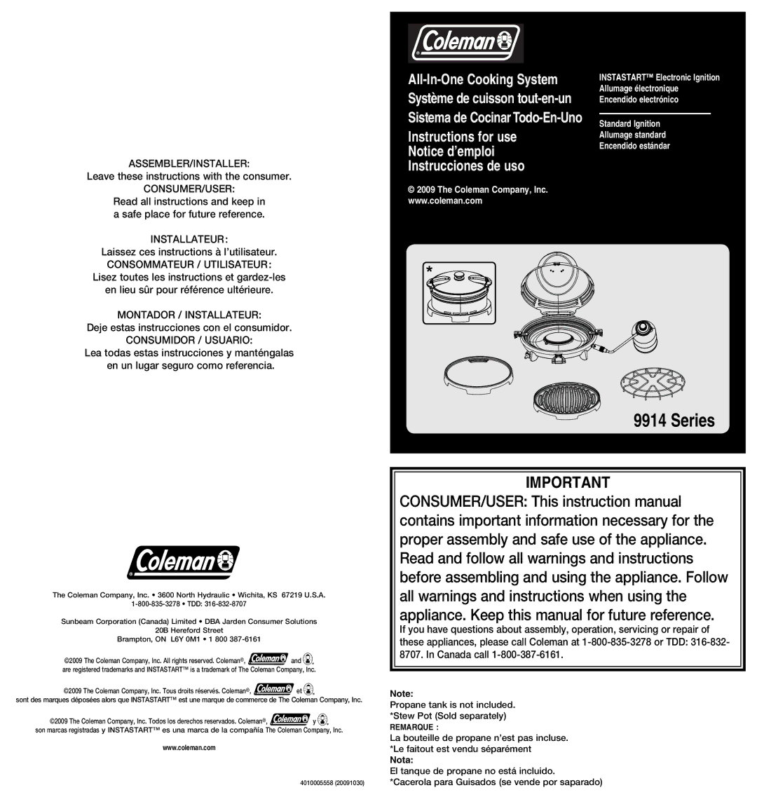 Coleman 9914 instruction manual Propane tank is not included. *Stew Pot Sold separately, Remarque 