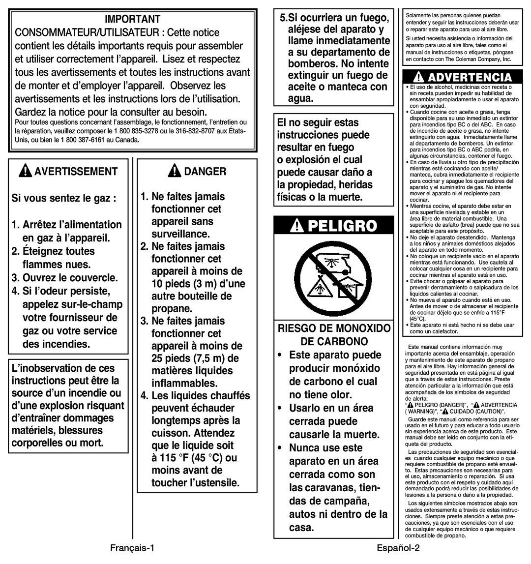 Coleman 9914 instruction manual Avertissement, Riesgo DE Monoxido DE Carbono, Français-1 Español-2 