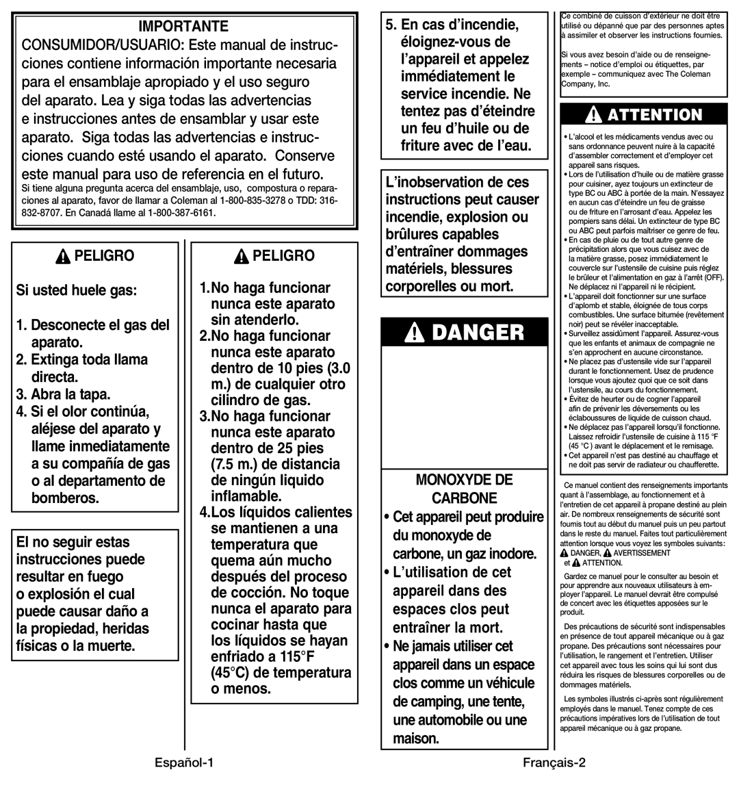 Coleman 9914 instruction manual Importante, Peligro, Monoxyde DE Carbone, Español-1 Français-2 