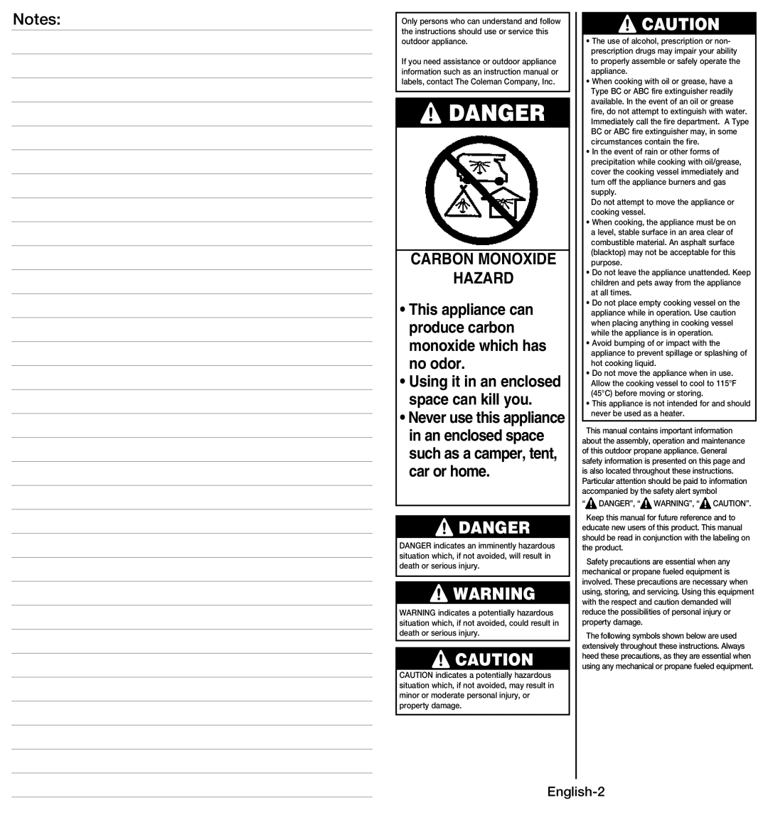 Coleman 9914 instruction manual Carbon Monoxide Hazard, English-2 