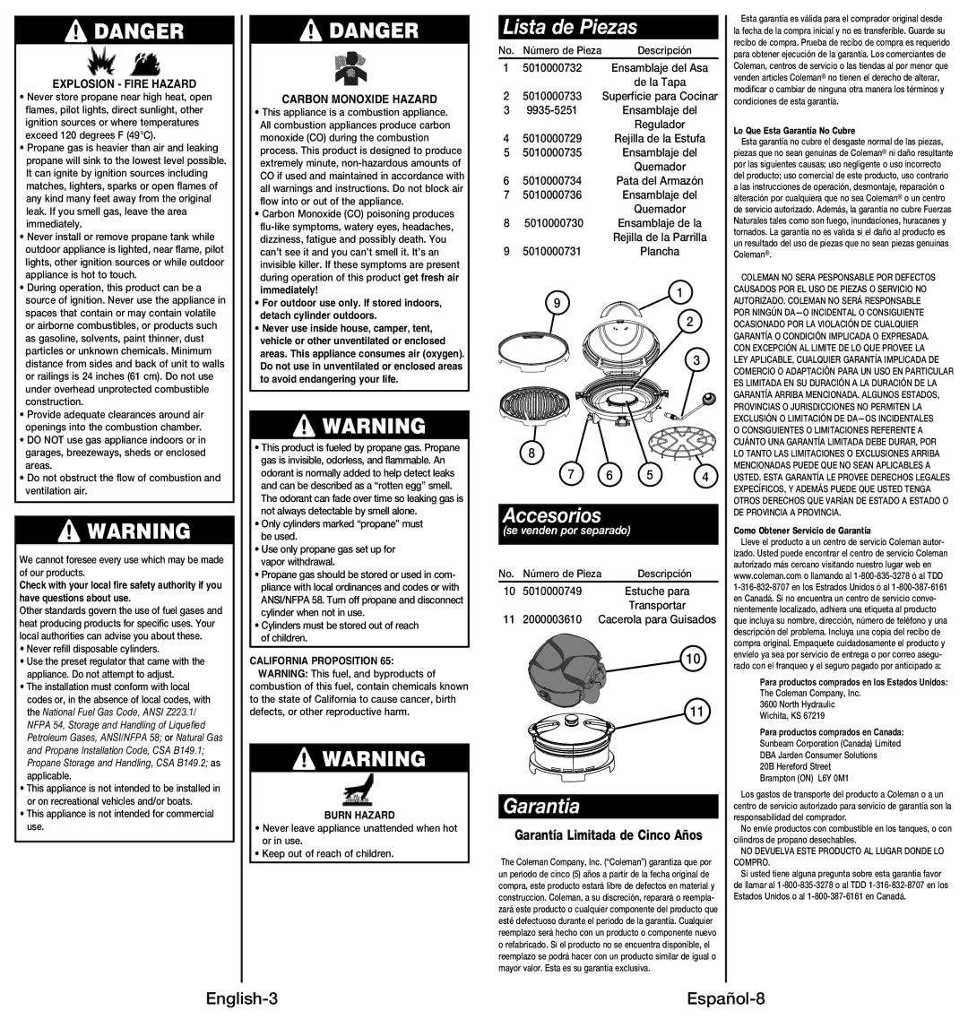 Coleman 9914 instruction manual Lista de Piezas, Accesorios, Garantia, English-3 Español-8, Garantía Limitada de Cinco Años 