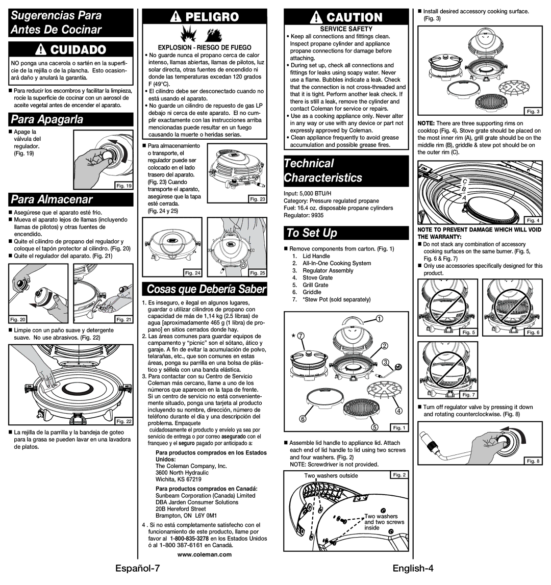 Coleman 9914 Sugerencias Para Antes De Cocinar, Para Apagarla, Para Almacenar, Technical Characteristics, To Set Up 