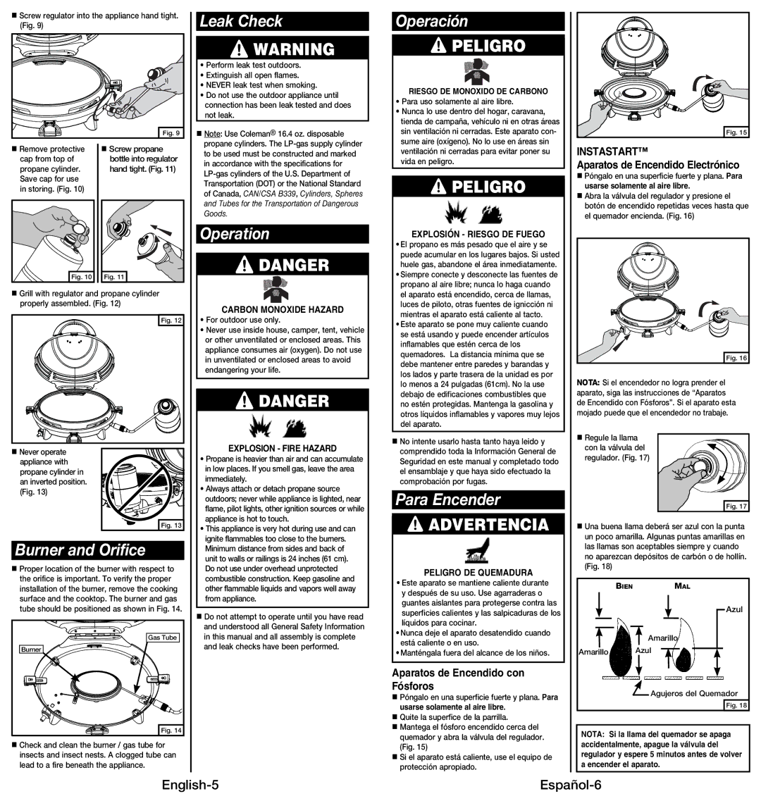 Coleman 9914 instruction manual Leak Check, Operation, Operación, Para Encender, Burner and Orifice 