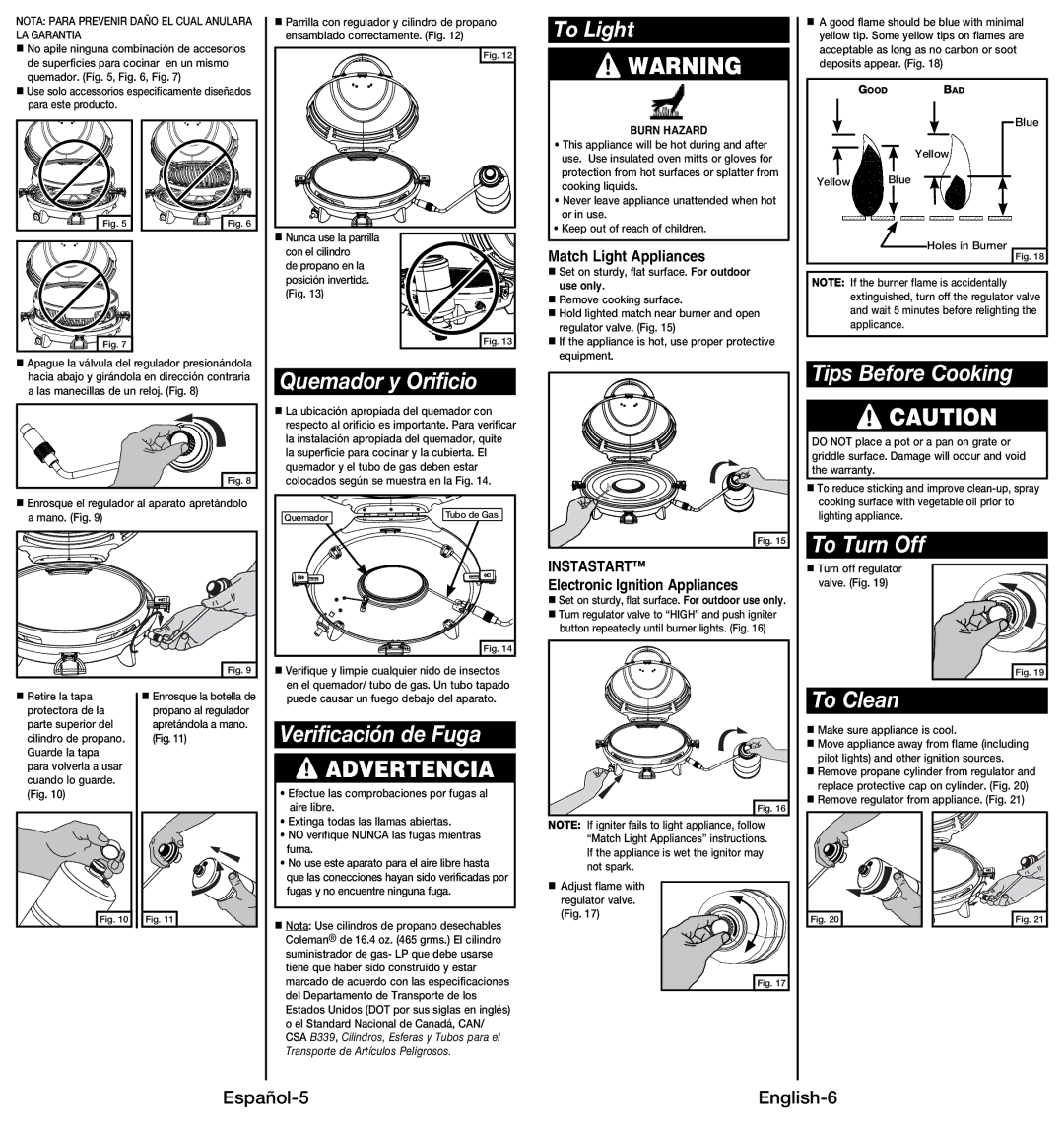 Coleman 9914 instruction manual To Light, Quemador y Orificio, Tips Before Cooking, To Clean, Verificación de Fuga 