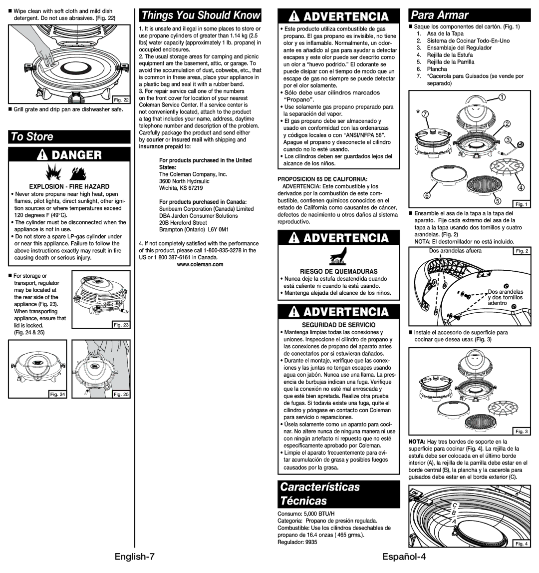 Coleman 9914 instruction manual To Store, Para Armar, Características Técnicas, English-7 Español-4 