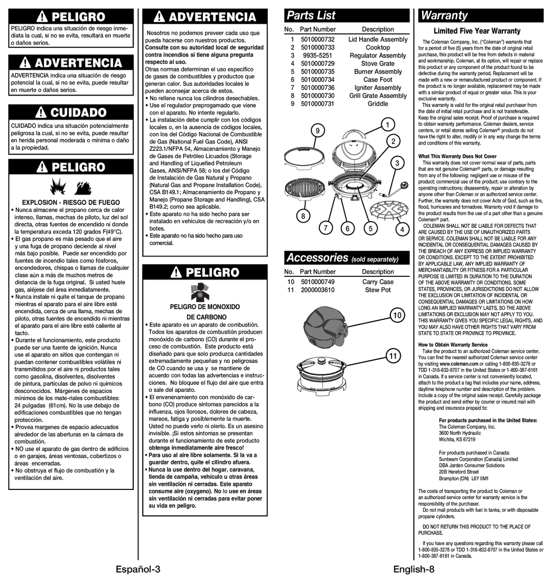 Coleman 9914 Parts List, Español-3 English-8, Limited Five Year Warranty, Peligro DE Monoxido DE Carbono 