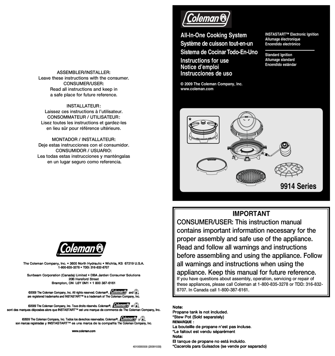 Coleman 9914 instruction manual Series, Instructions for use Notice d’emploi Instrucciones de uso, Consumer/User, Nota 