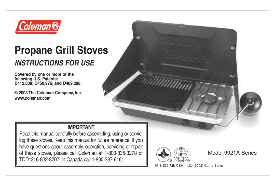 Coleman 9921A manual Propane Grill Stoves 