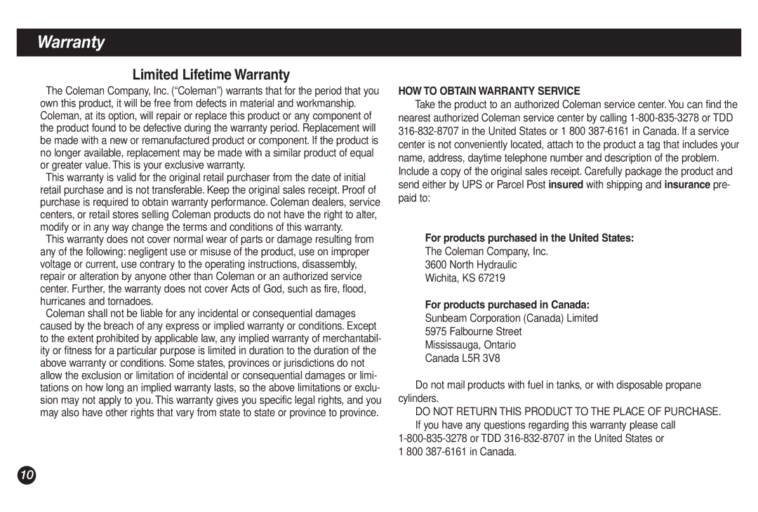 Coleman 9921A manual HOW to Obtain Warranty Service, For products purchased in the United States 