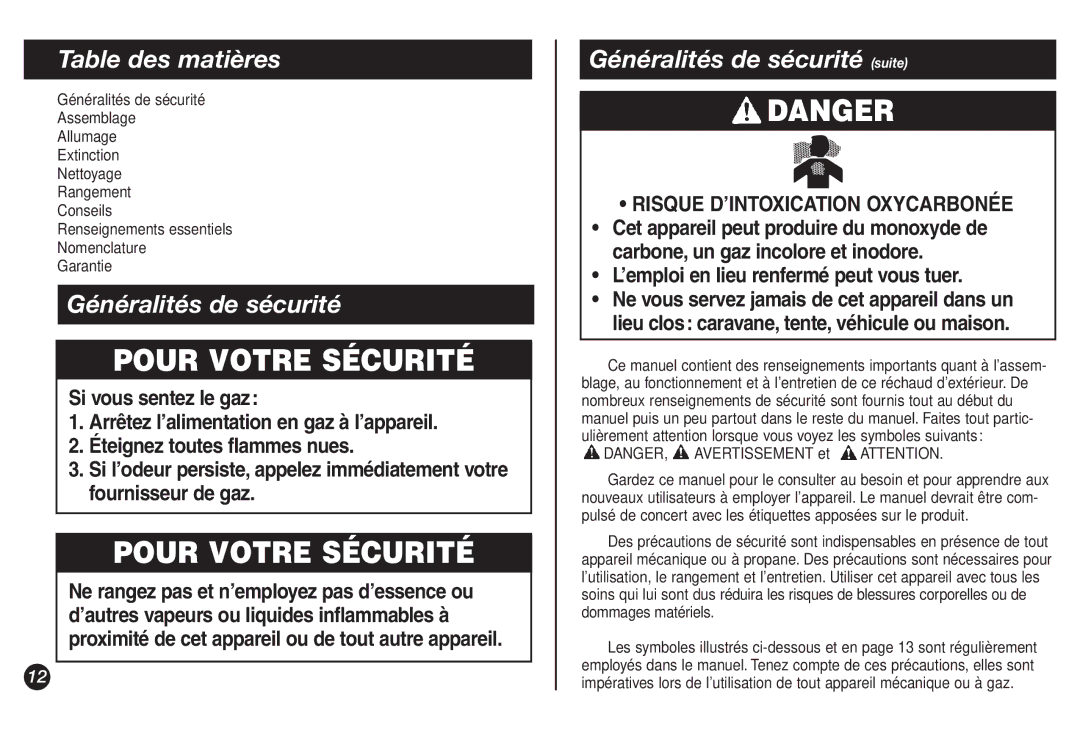 Coleman 9921A manual Table des matières, Généralités de sécurité suite 