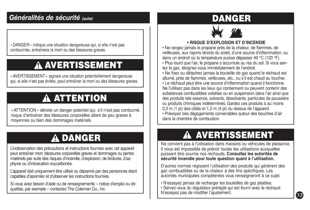 Coleman 9921A manual Avertissement, Risque D’EXPLOSION ET D’INCENDIE 