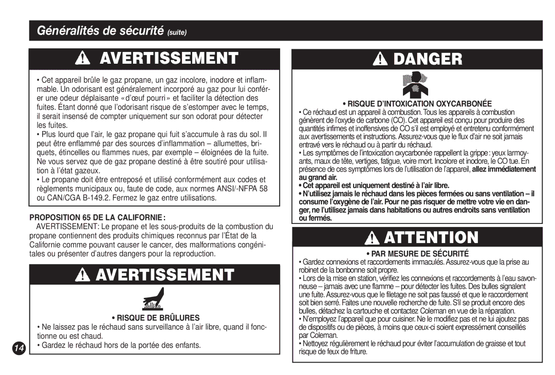 Coleman 9921A manual Proposition 65 DE LA Californie, Risque DE Brûlures, Risque D’INTOXICATION Oxycarbonée 