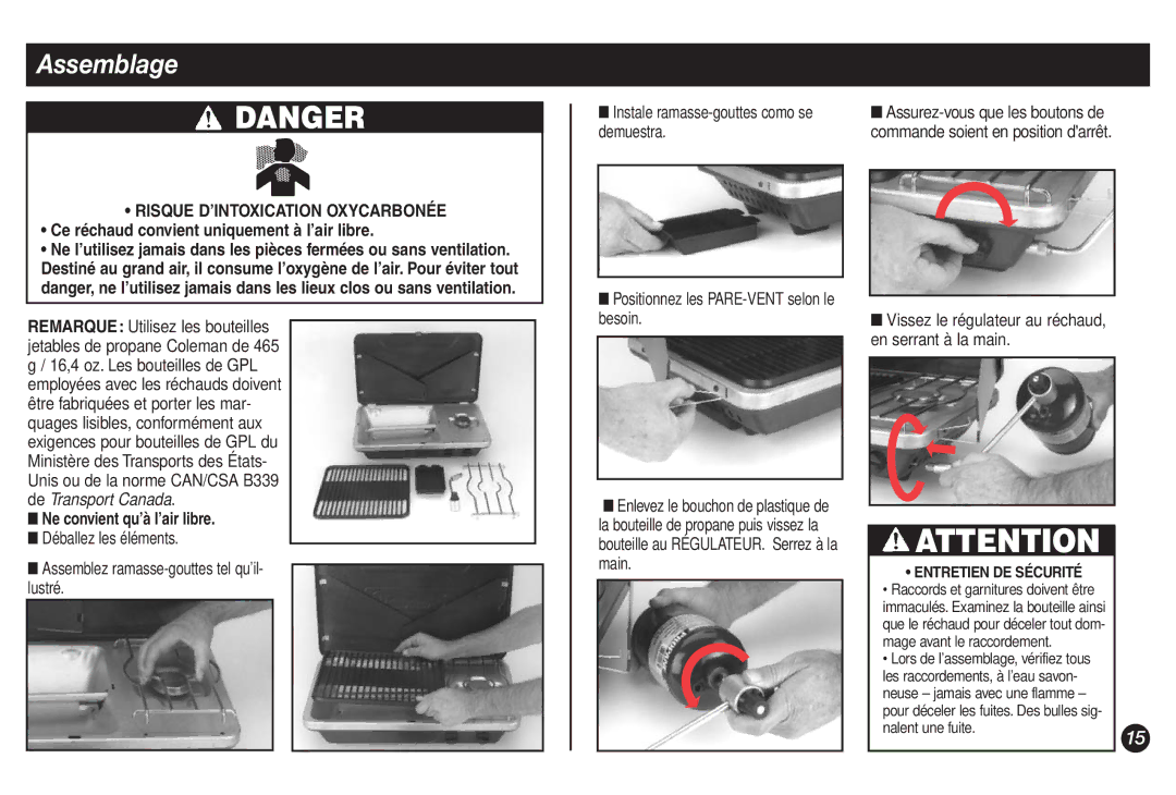 Coleman 9921A manual Assemblage, Ce réchaud convient uniquement à l’air libre, Ne convient qu’à l’air libre 