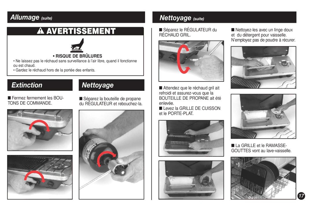 Coleman 9921A manual Allumage suite, Extinction Nettoyage, Nettoyage suite, Fermez fermement les BOU, Tons DE COMMANDE.trod 