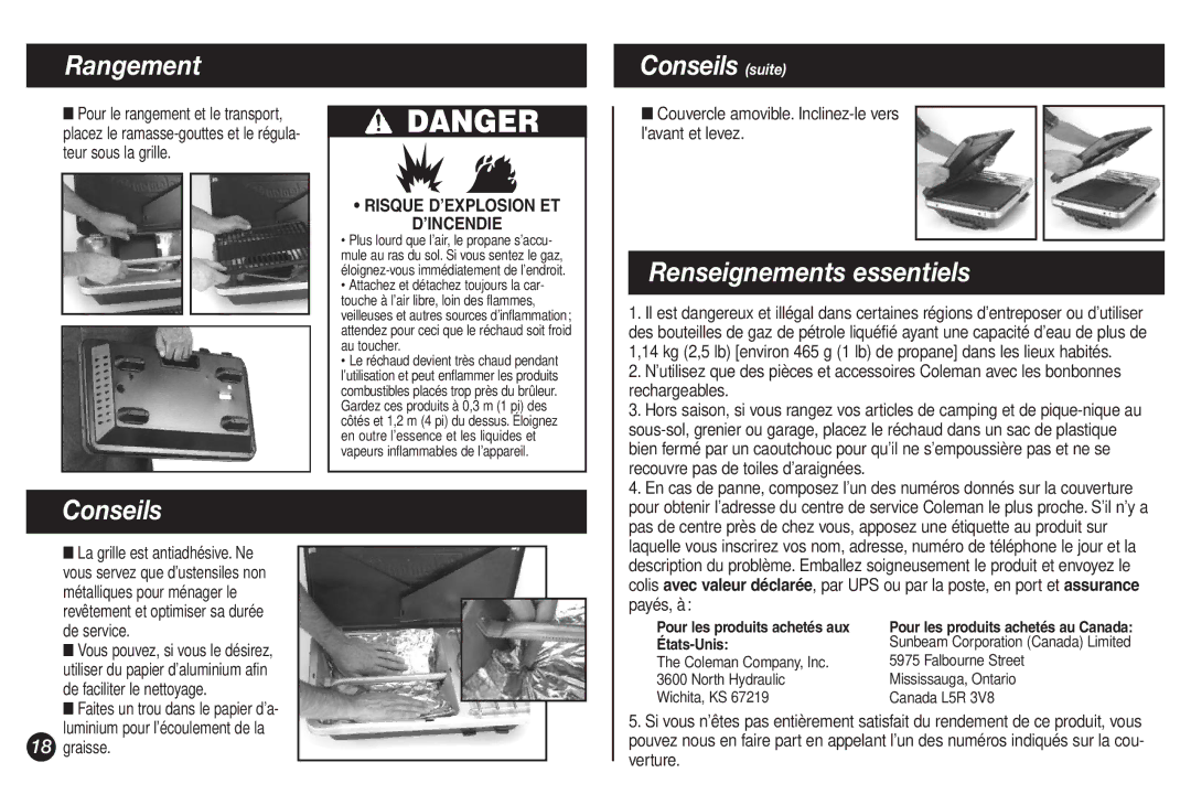 Coleman 9921A manual Rangement, Conseils suite, Renseignements essentiels 