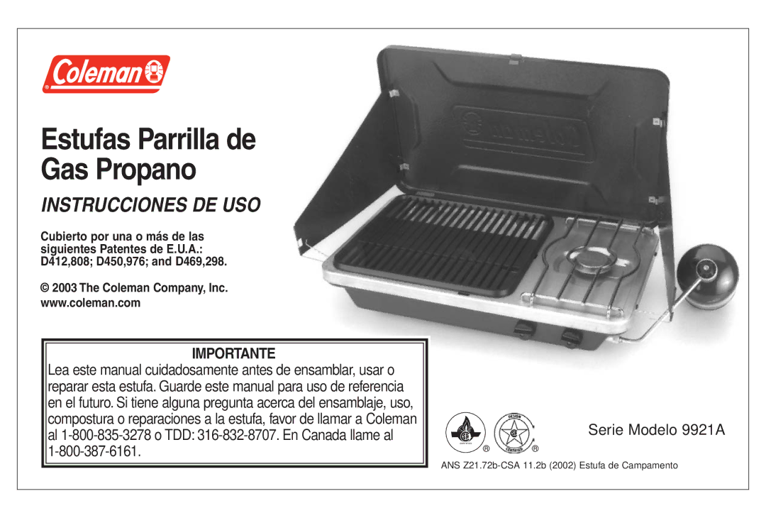 Coleman 9921A manual Estufas Parrilla de Gas Propano 