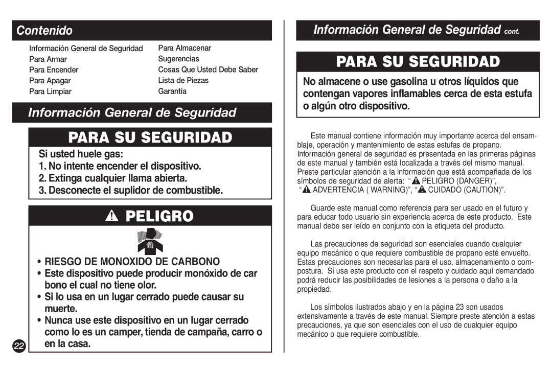 Coleman 9921A manual Contenido, Información General de Seguridad, Para Apagar Lista de Piezas Para Limpiar Garantía 