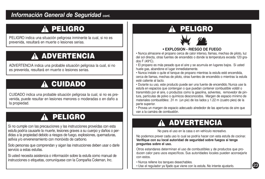 Coleman 9921A manual Advertencia, Explosion Riesgo DE Fuego 