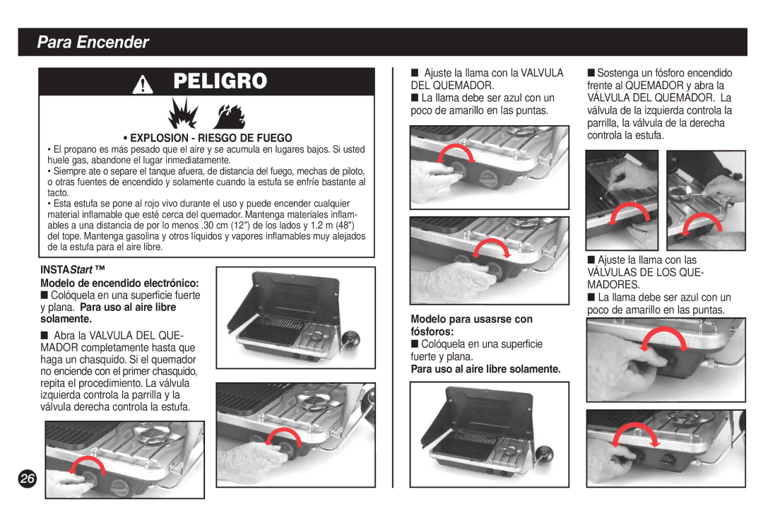 Coleman 9921A manual Para Encender, INSTAStart Modelo de encendido electrónico, Modelo para usasrse con fósforos 