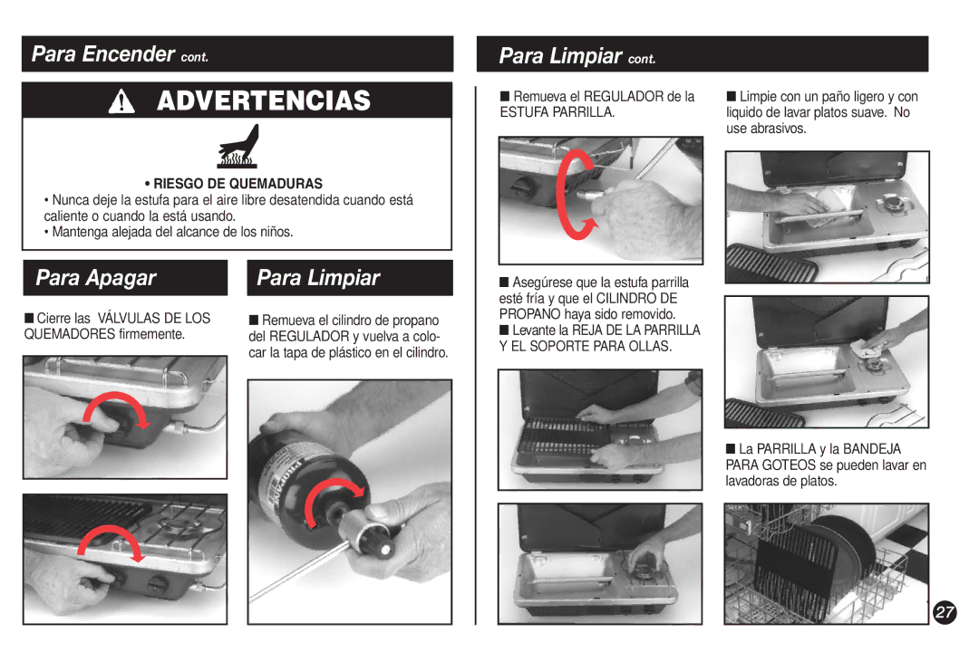 Coleman 9921A manual Para Apagar Para Limpiar, Quemadores firmemente, Remueva el Regulador de la 