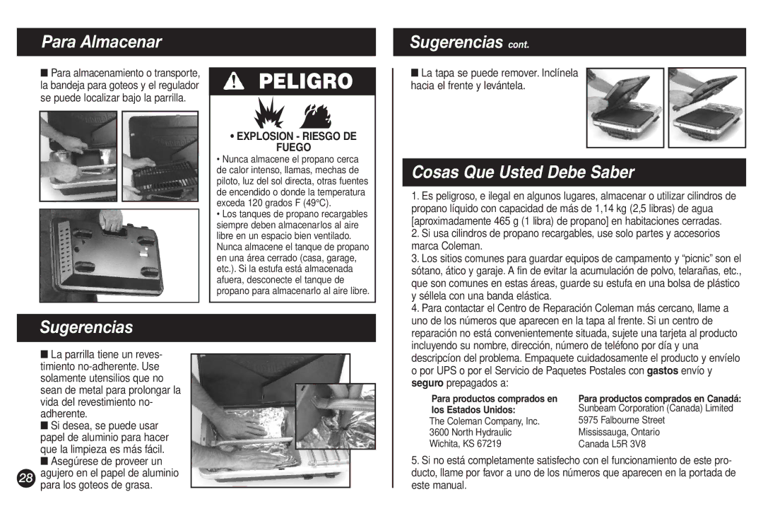 Coleman 9921A manual Para Almacenar, Sugerencias, Cosas Que Usted Debe Saber 