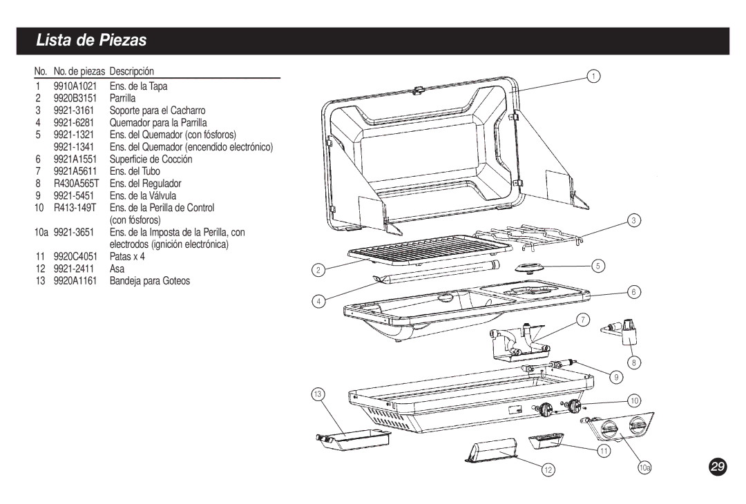 Coleman 9921A manual Lista de Piezas, Patas x, 9921-2411 Asa, Bandeja para Goteos 