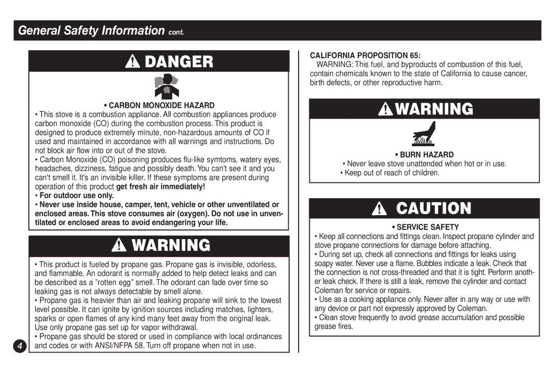 Coleman 9921A manual Carbon Monoxide Hazard, For outdoor use only, California Proposition Burn Hazard, Service Safety 